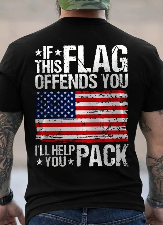 If This Flag Offends You I'll Help You Pack US Flag Back T-Shirt featuring American flag design on black fabric.
