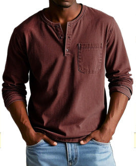men's t shirts - V-neck Long-sleeved T-shirt With Button D