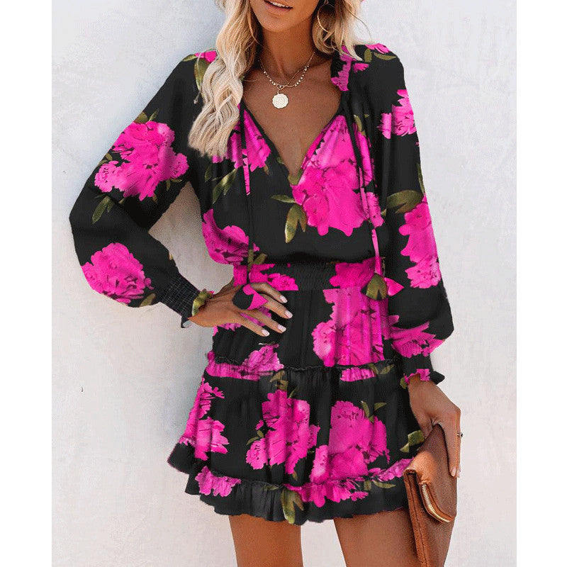 women's dresses - Flowers Print Long Sleeve Dress Fashion