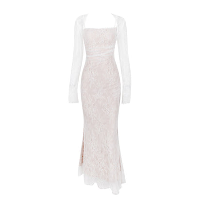 Women's Autumn New Lace Shawl Strap Long Dress Set, Elegant Long Sleeve Dress, Mermaid Dress