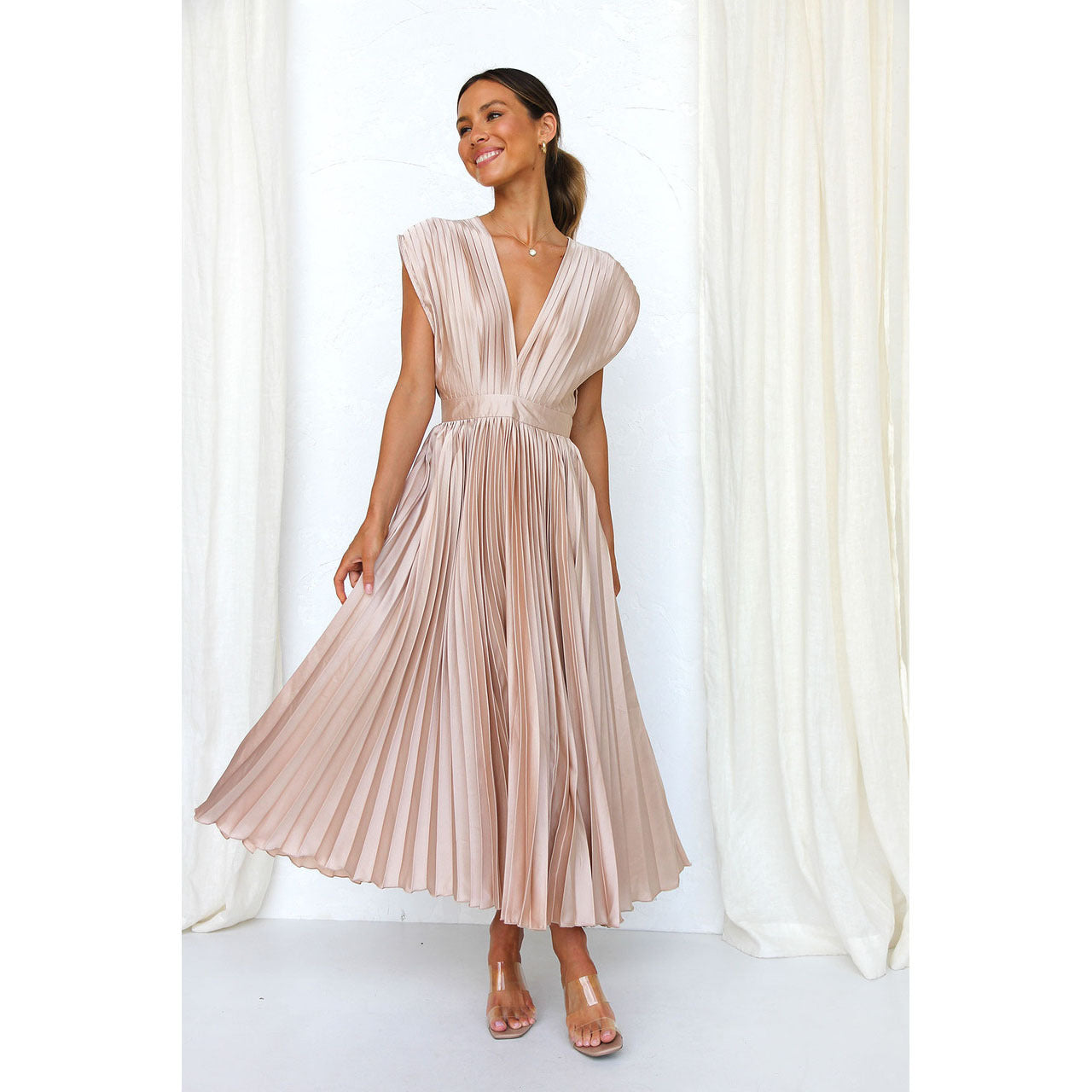 women's dresses - Summer V-neck Pleated Dress INS Fashion