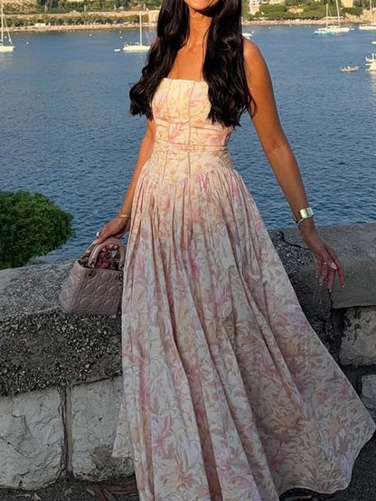 Sexy Printed Strapless Dress Summer Fitted Backless Long Dress Elegant High-End Style Beautiful Summer Dress