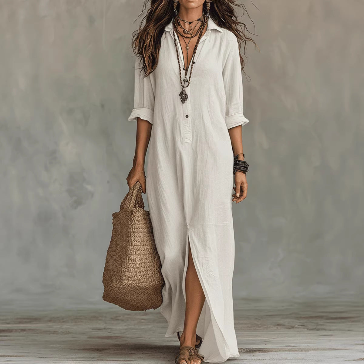 maxi dress - Long-sleeve Maxi Dress Casual Solid Color Lap