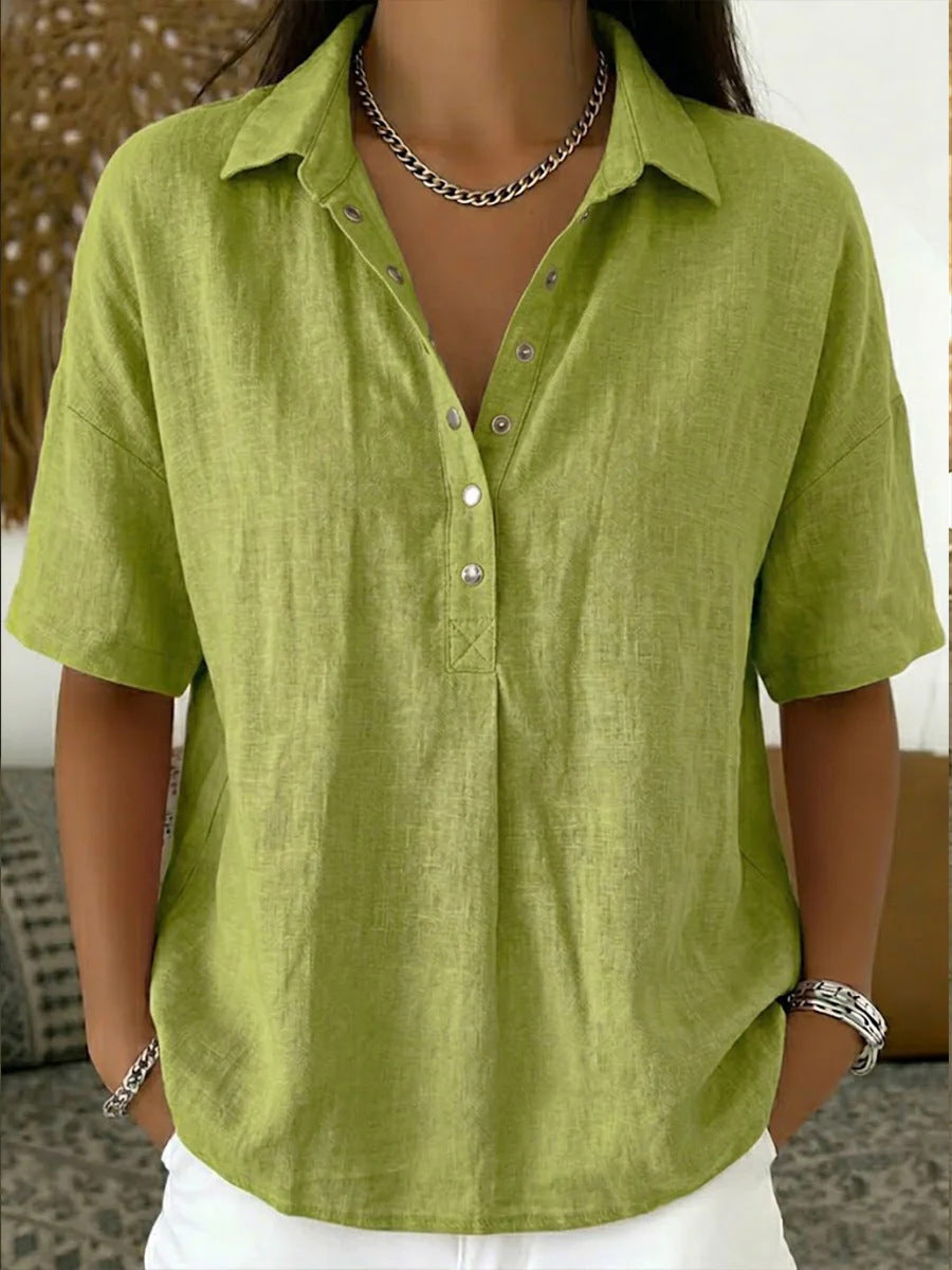 women's shirts - Summer Short-sleeved Shirt Button Pullove