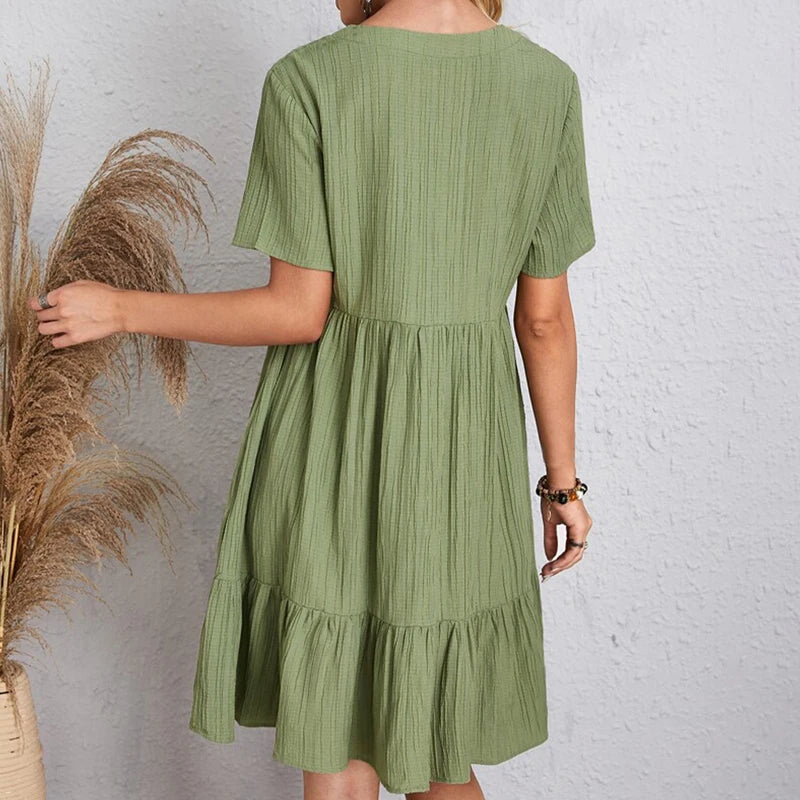 Women’s Boho V-Neck Ruffle Mini Dress – Loose Fit
