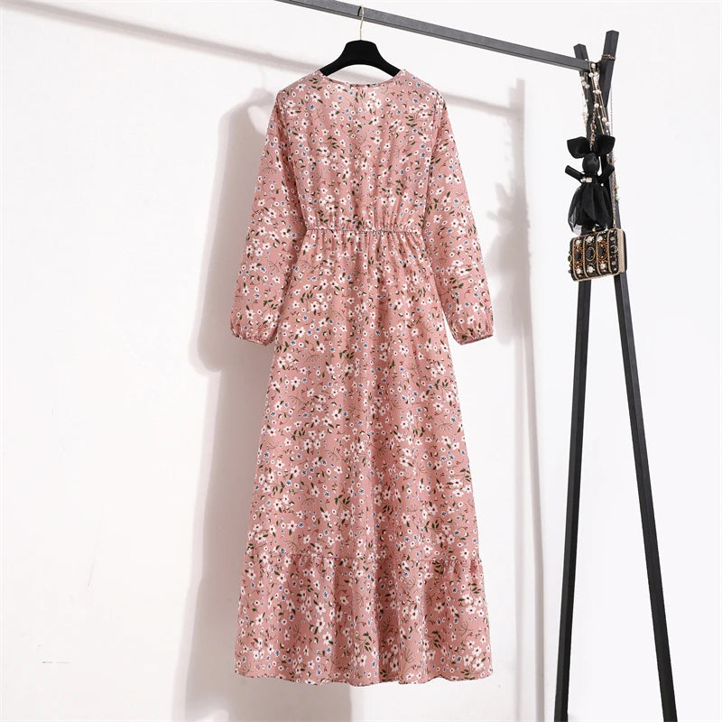 Women’s Boho Floral Midi Dress With Long Sleeves