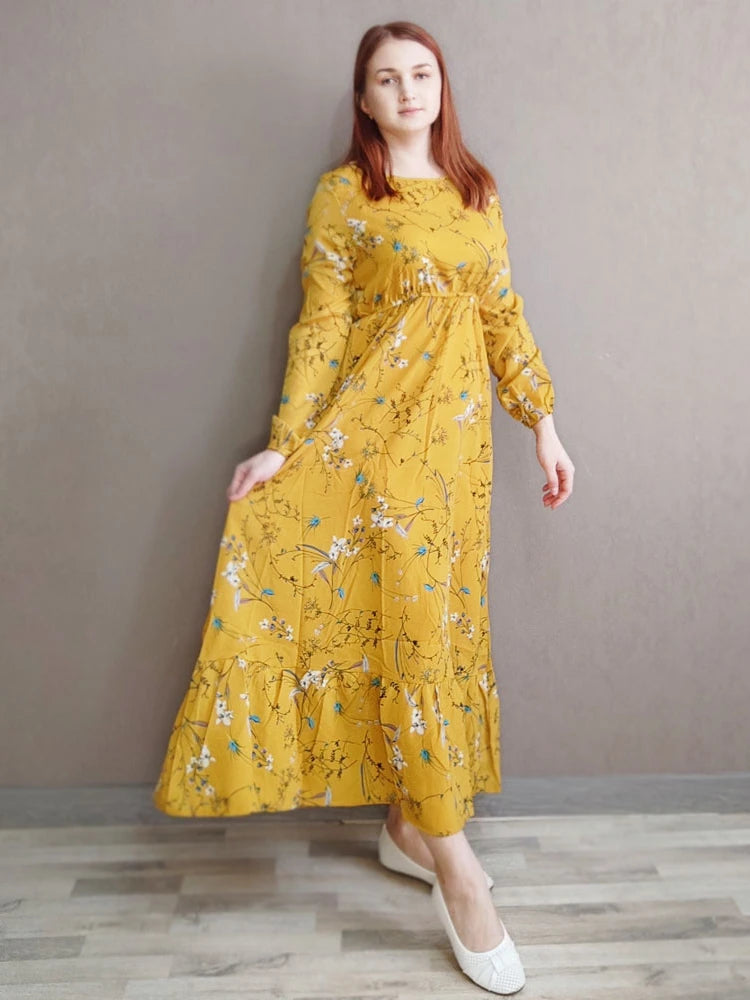 Women’s Boho Floral Midi Dress With Long Sleeves