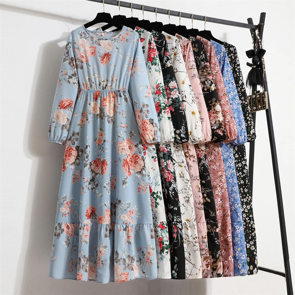 Women’s Boho Floral Midi Dress With Long Sleeves