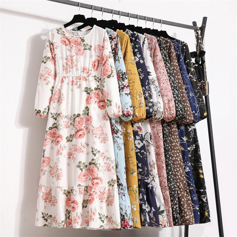 Women’s Boho Floral Midi Dress With Long Sleeves