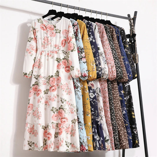 Women’s Boho Floral Midi Dress With Long Sleeves